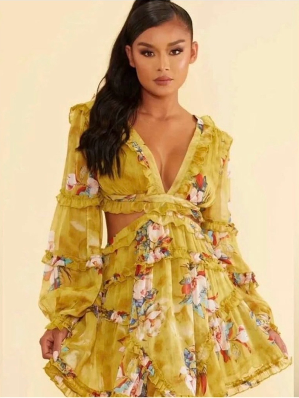 Luxxel Yellow Floral Ruffle Crop Top